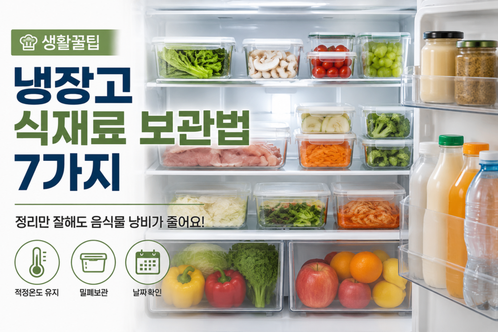 냉장고 식재료 보관법에 따라 정리된 가정용 냉장고 내부