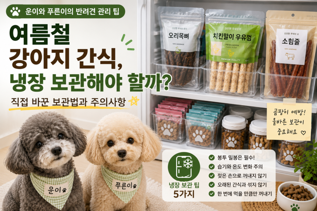 운이와 푸른이가 냉장고 앞에서 여름철 강아지 간식 보관 방법을 소개하는 모습