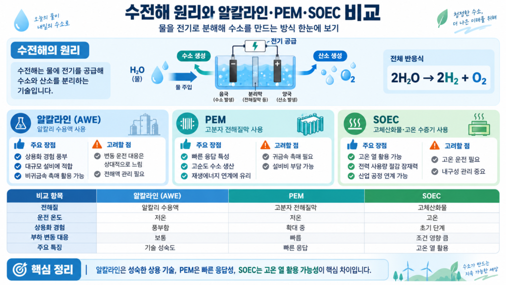 수전해 원리와 알칼라인 PEM SOEC 비교