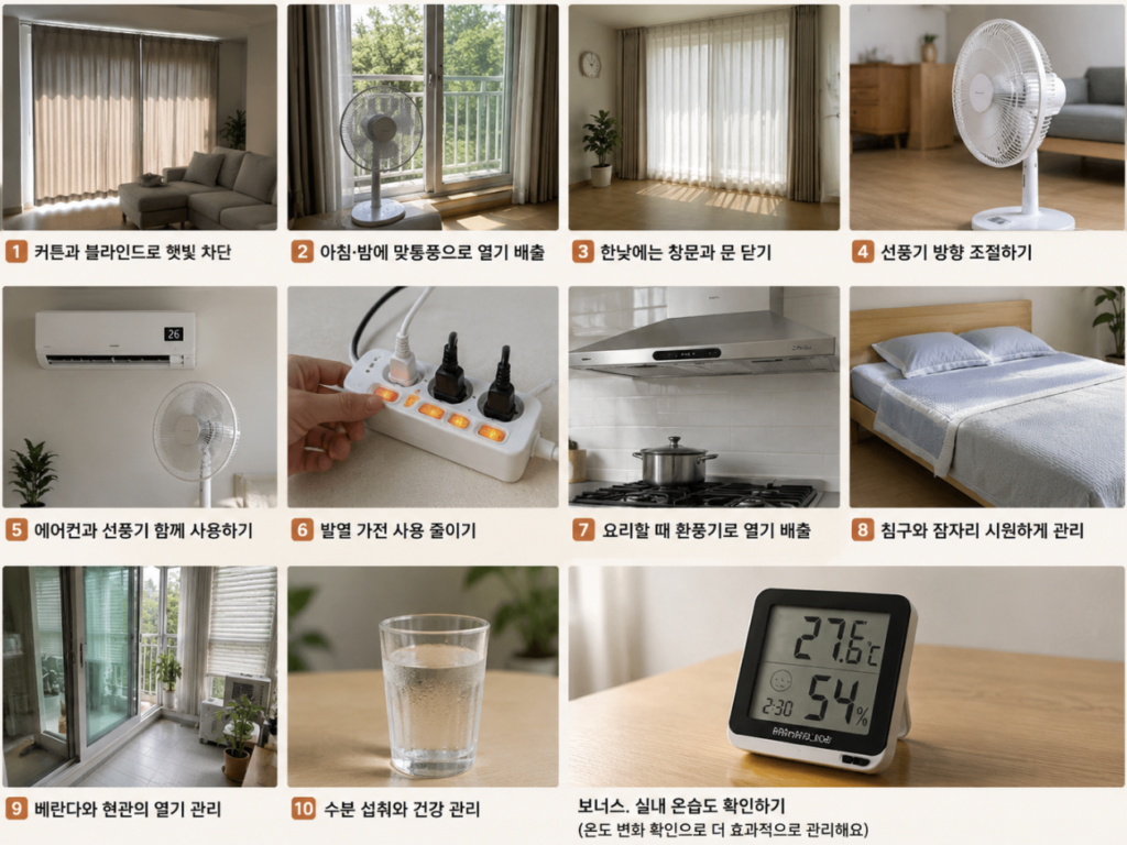 여름철 실내 온도 낮추는 방법으로 커튼을 닫고 선풍기로 환기하는 모습