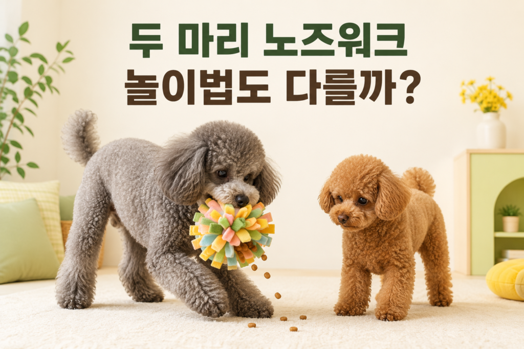 부직포 공 노즈워크 장난감을 흔드는 회색 푸들 운이와 떨어진 간식을 기다리는 갈색 푸들 푸른이