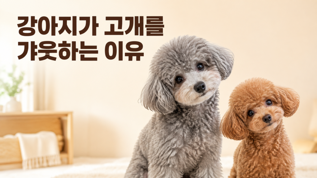 보호자의 말을 들으며 고개를 갸웃하는 회색과 갈색 푸들 두 마리