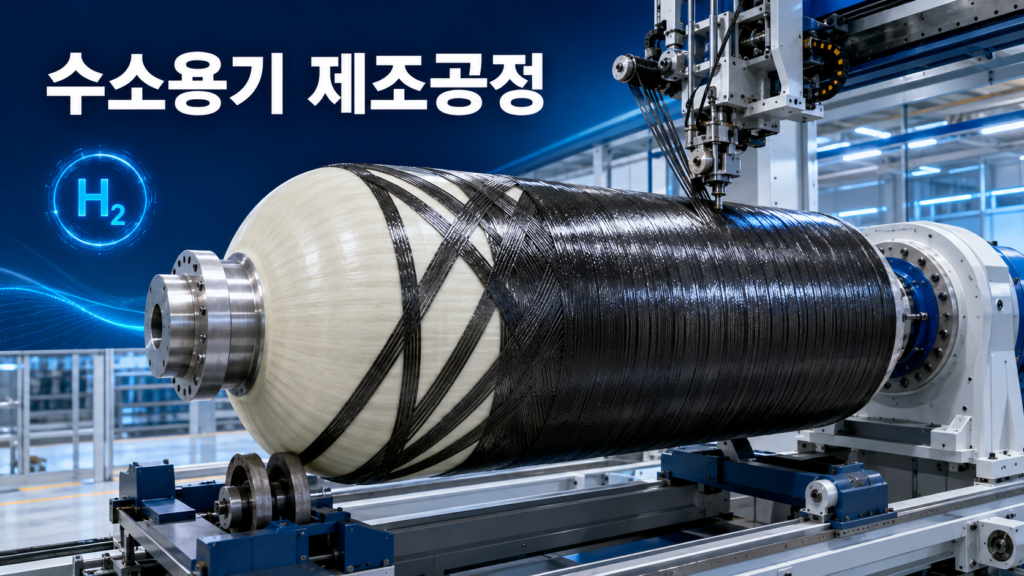 수소용기 제조공정에서 필라멘트 와인딩 장비가 라이너 외부에 탄소섬유를 감는 모습
