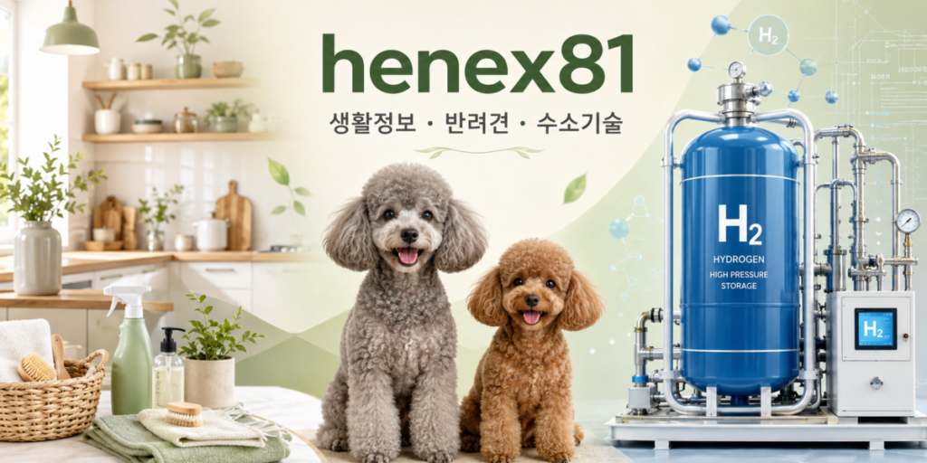 생활정보와 푸들 운이·푸른이, 수소기술을 소개하는 henex81 홈페이지 배너