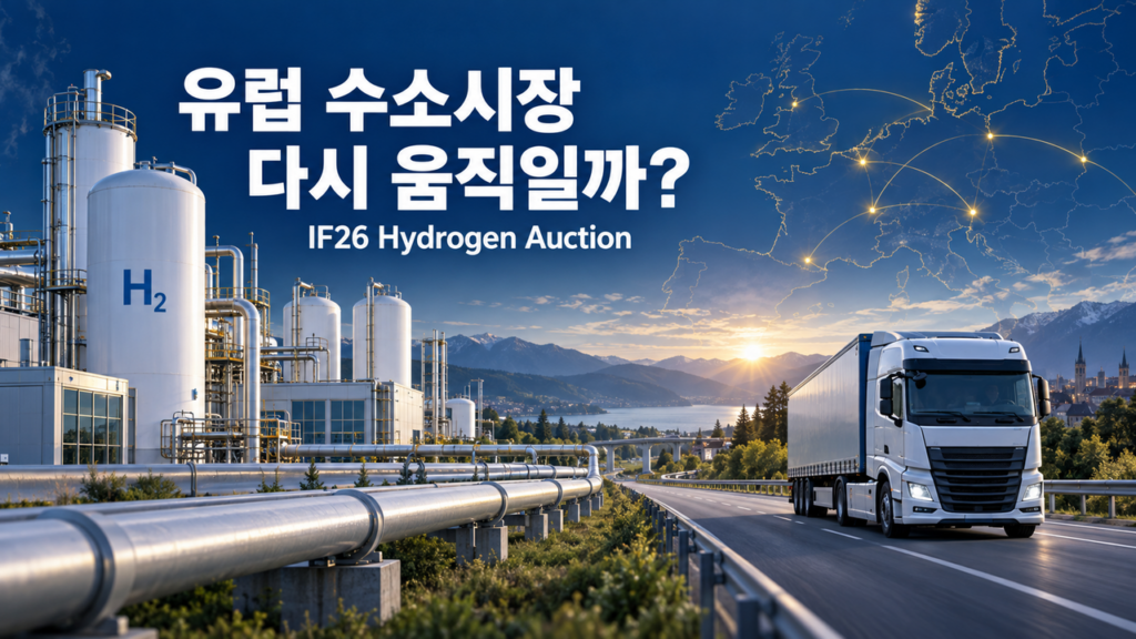 IF26 Hydrogen Auction과 유럽 수소 생산·파이프라인·수소트럭 시장을 표현한 이미지